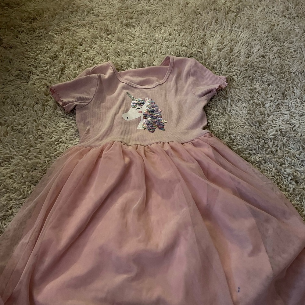 Girls pink dress with unicorn flip sequence
